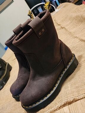 Dr. Martens Brown Leather Combat Boots with Yellow Stitching